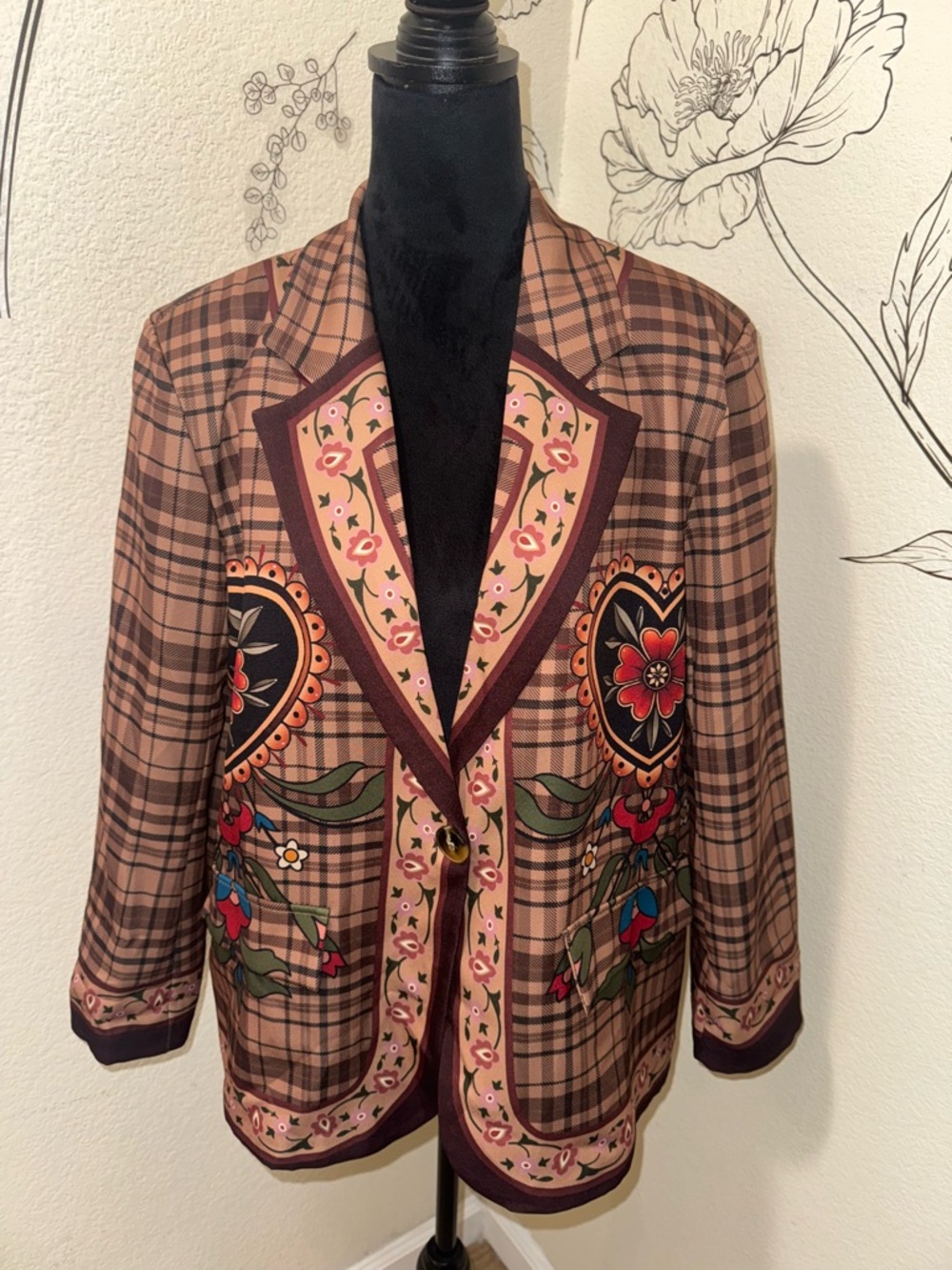 Women's Brown Plaid Floral-Trim Blazer Jacket